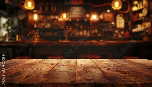 Empty wide table overlaid on a blurred background of a vintage pub interior invites nostalgic evenings, Sharpen 3d rendering background © Sweettymojidesign