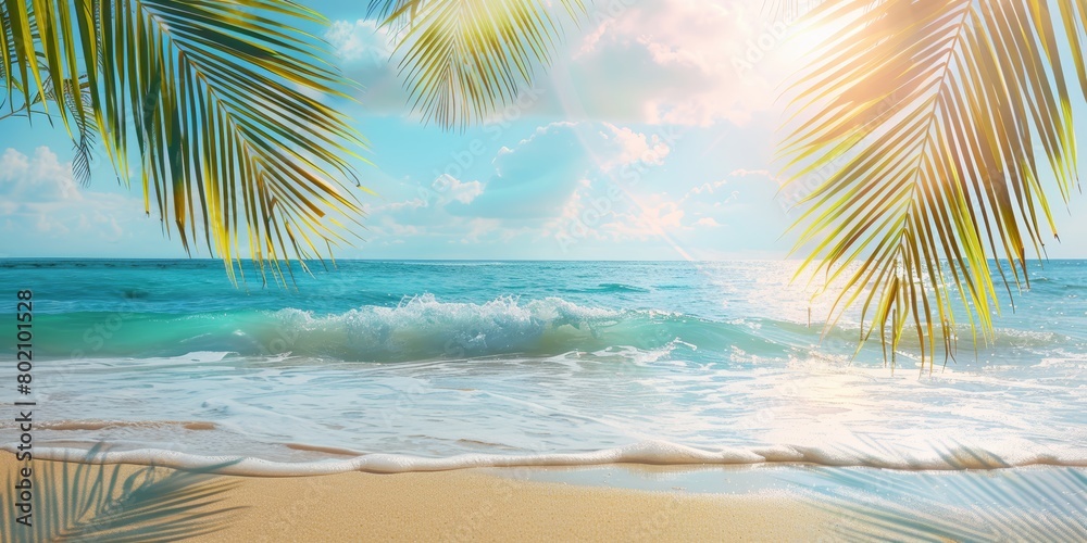 Tropical Beach Scene with Palm Trees and Sunlight Generative AI
