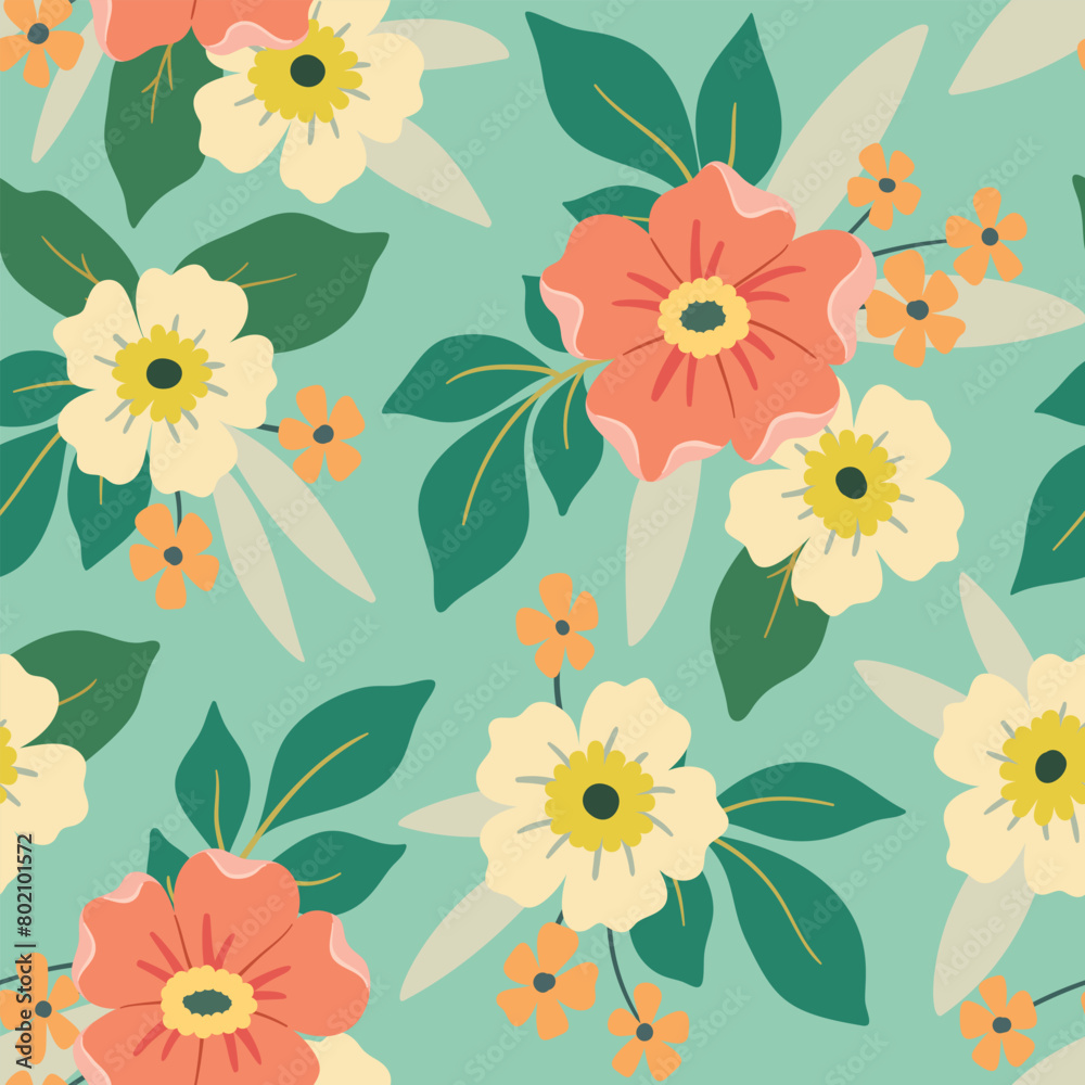 custom made wallpaper toronto digitalSeamless floral pattern, abstract ditsy print, liberty decorative art flower ornament. Simple cute botanical design: large hand drawn daisy flowers, small leaves on a blue field. Vector illustration.