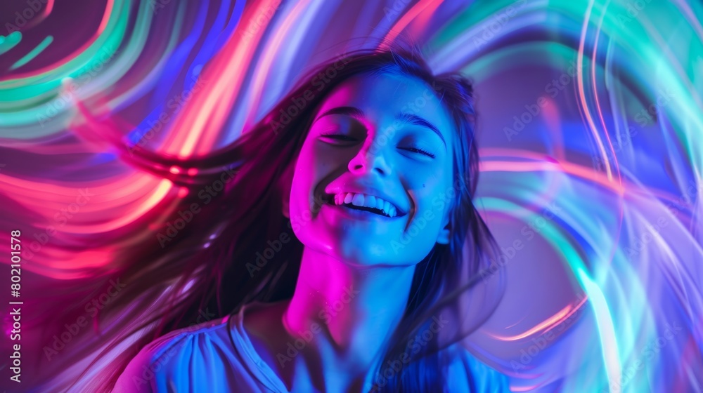 A young woman smiles broadly, surrounded by vibrant, colorful neon lights creating an abstract blur. A young woman smiles broadly, surrounded by vibrant, colorful neon lights creating an abstract blur.