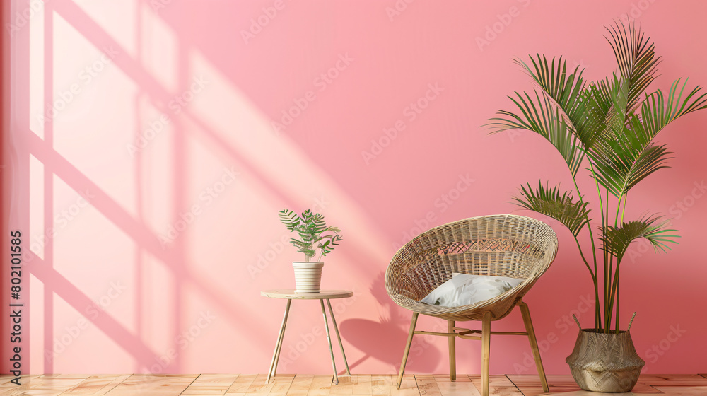 Comfortable wicker chair table and houseplant