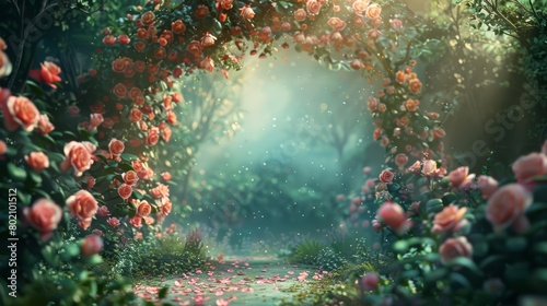 For the banner background  a floral archway made of roses and wild ivy invites viewers into a magical realm  Sharpen banner background concept 3D with copy space