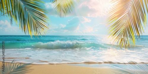 Tropical Beach Scene with Palm Trees and Sunlight Generative AI © Alexander