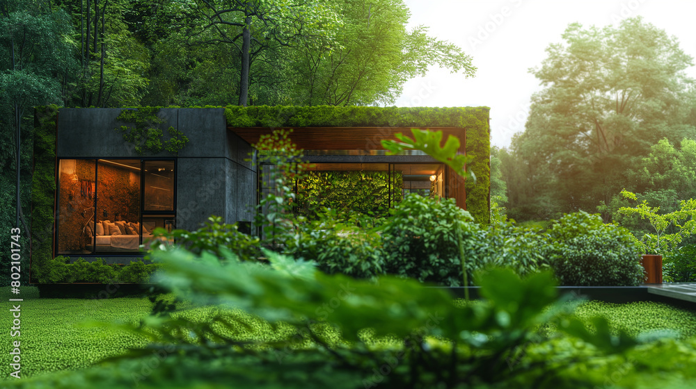 Modern house with large bedroom with window is built surrounded by the greenery of nature. Life away from the city.