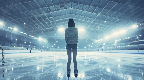 A woman stands on ice skates in a large arena