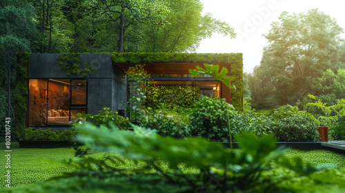 Modern house with large bedroom with window is built surrounded by the greenery of nature. Life away from the city.
