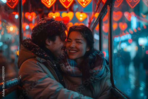 Couple Celebrating Chinese New Year and Valentines Day on a Bus and Subway, To convey a sense of love, celebration, and tradition in urban photo