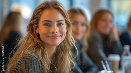 Portrait of a beautiful girl with a group of friends. Young woman 20 years old.