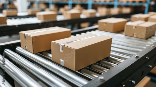 Boxes moving on conveyor belt in warehouse