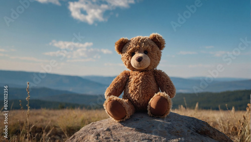 Heartwarming Brown Teddy Bear Plush Toy on Serene Sky Blue Background. photo