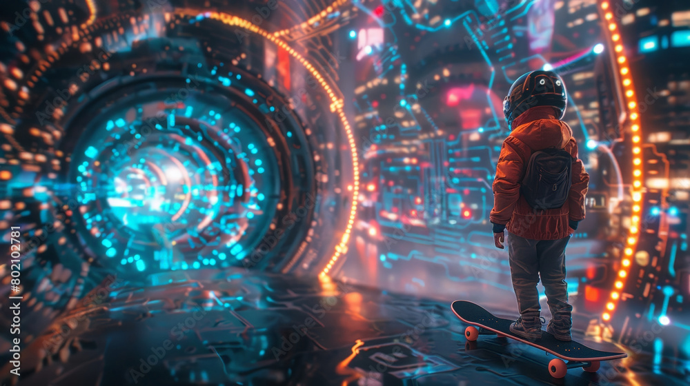 Child on Skateboard Facing Futuristic Portal. A child in a helmet and backpack stands on a skateboard, gazing into a vibrant, futuristic portal illuminated by neon lights in a digital world 