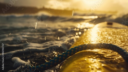 A picturesque view of a surfer's leash, securely attached to their board, representing the safety and responsibility of the sport on International Surfing Day. photo
