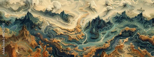 An illustrated map with a fantastical landscape, where mountains are depicted as stripes and rivers as flowing patterns.
