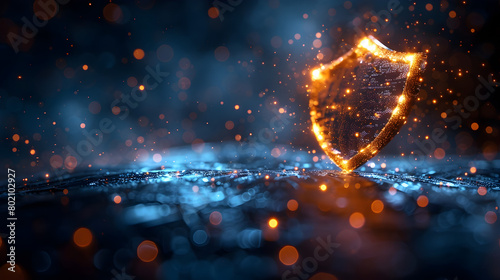 Cybersecurity shield protecting a computer network from virtual threats with a sci fi tone