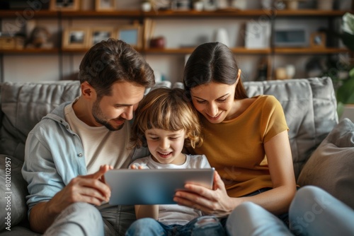 Happy young family having fun time at home. Parents with children using digital device, Generative AI