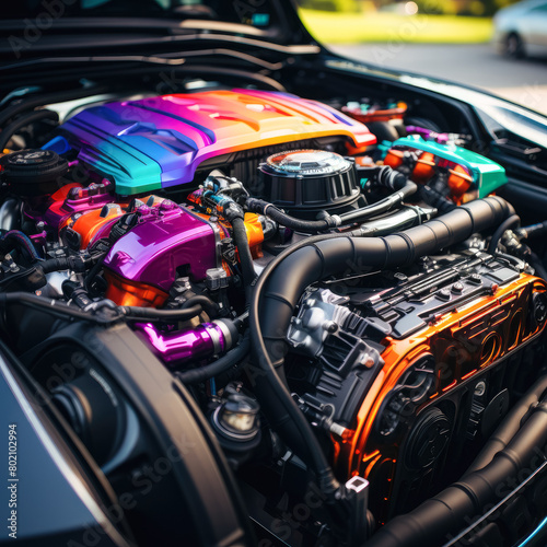 Close-up shot of a modified engine bay with vibrant colors, © Tatiana