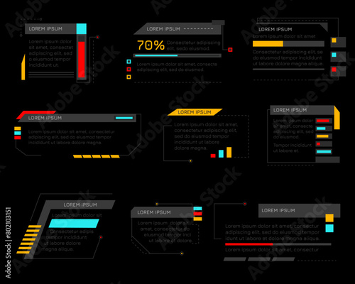 Hud callout titles. Futuristic text boxes, digital callouts bar labels. Digital futuristic infochart for visualization objects. Interface elements HUD, UI, GUI.