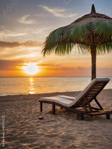 Idyllic Tropical Sunset, Two Sun Beds, Umbrella, and Palm Tree on Sandy Shoreline with Ocean Horizon.