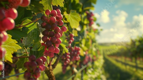 A panoramic view of a vineyard with ripe grapes under the summer sun.