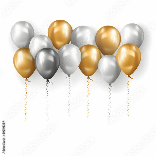 Vector happy birthday horizontal illustration with 3d realistic golden and silver air balloon on white background