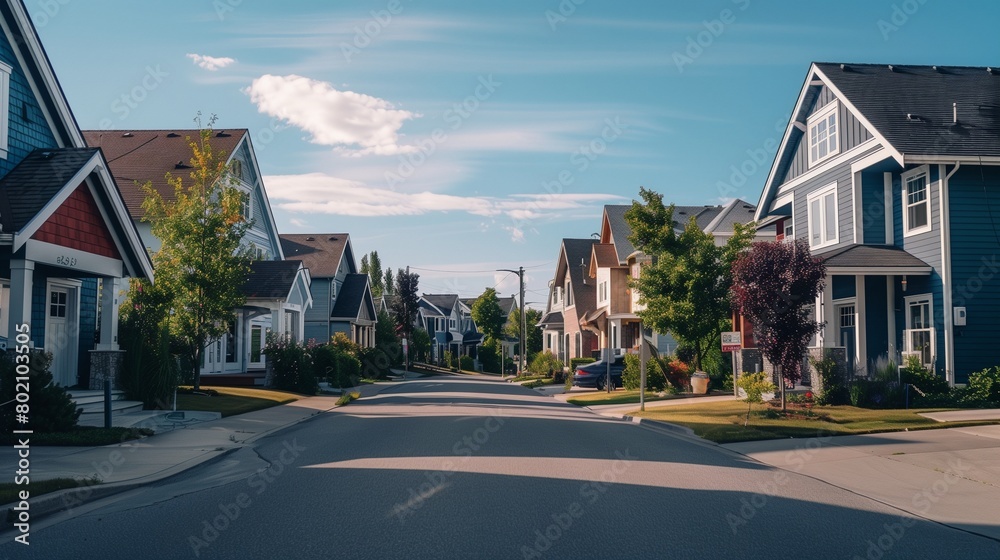 Suburban neighborhood street lined with colorful houses.