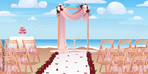 Wedding ceremony outdoor setup. Wedding ceremony setup with arch draped with ribbons and decorations. Vector illustration