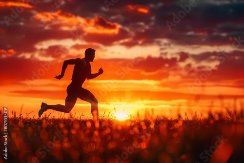Silhouette of an athlete sprinting with fierce determination during a dramatic sunrise, emphasizing strength and motion, Sharpen closeup highdetail realistic concept good mood tone © Sweettymojidesign