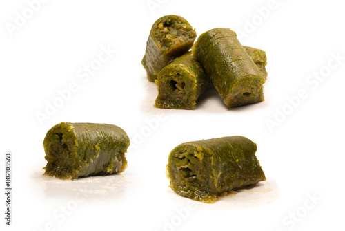 Turkish pistachio baklava isolated on white background.