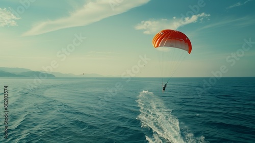 A parasailing adventure with a person soaring above the sea.