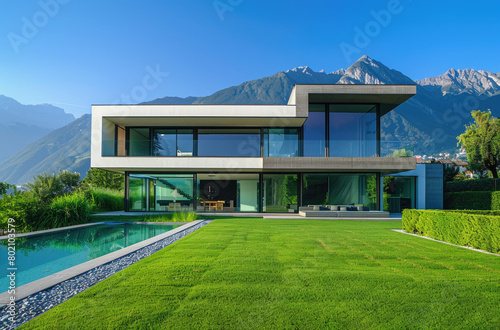 Modern villa with a large lawn, white walls and a concrete floor, swimming pool on the right side of the house, overlooking mountains in the distance, blue sky © Kien