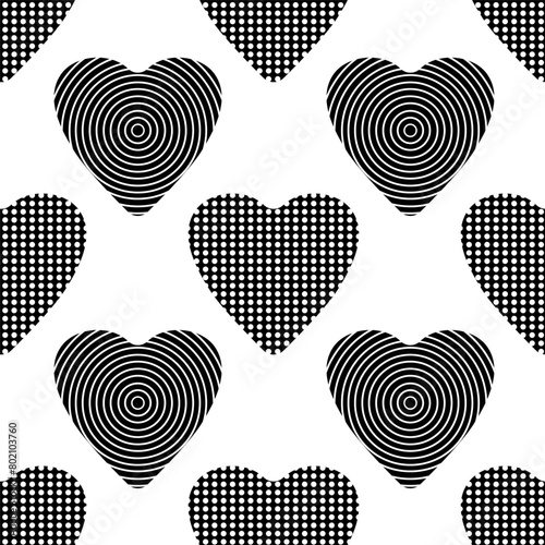 Seamless pattern with black geometric hearts. Vector illustration. Background with hearts with abstract and polka dot pattern.