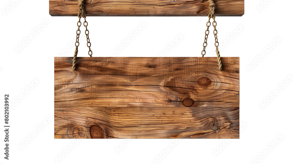 Close-up view of a wooden sign suspended by chains and ropes on a white background. Close-up view of a wooden sign suspended by chains and ropes on a white background.