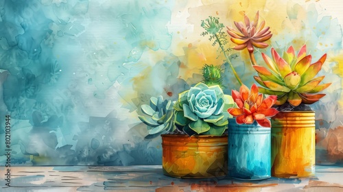 Bring the beauty of nature into your home with this stunning watercolor painting of vibrant succulents photo