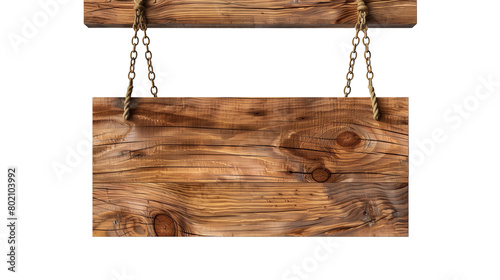 Close-up view of a wooden sign suspended by chains and ropes on a white background. photo