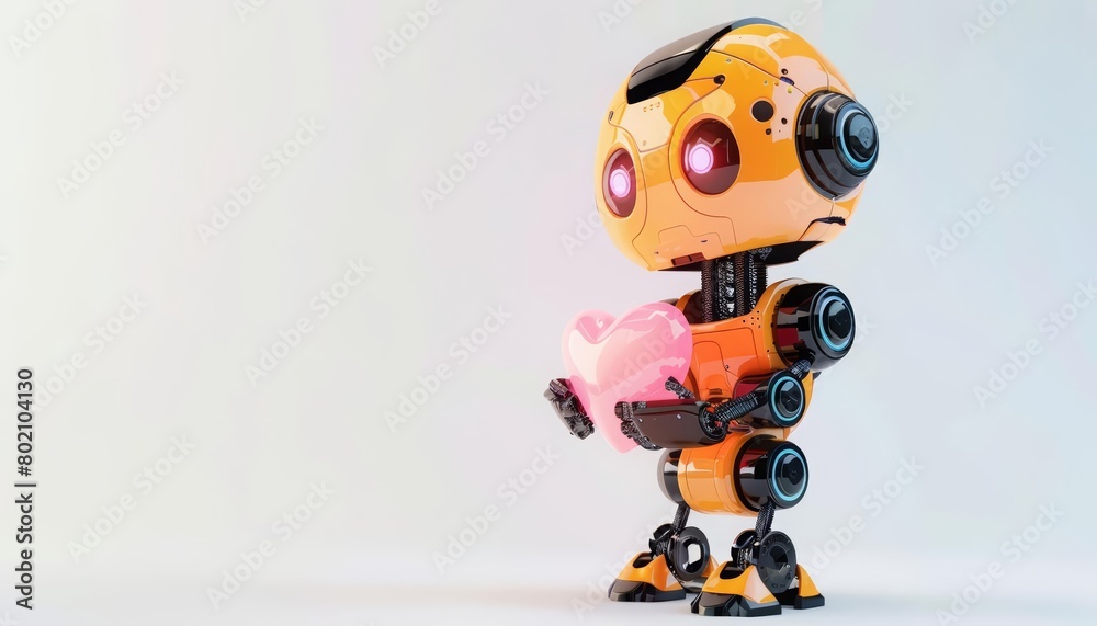 This cute, kawaiistyle 3D render features a tiny robot holding a heart, its eyes shining with hitech lights, Sharpen isolated on white background This cute, kawaiistyle 3D render features a tiny robot holding a heart, its eyes shining with hitech lights, Sharpen isolated on white background