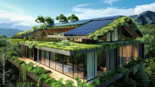 Sustainable architecture with solar panels and green roof.