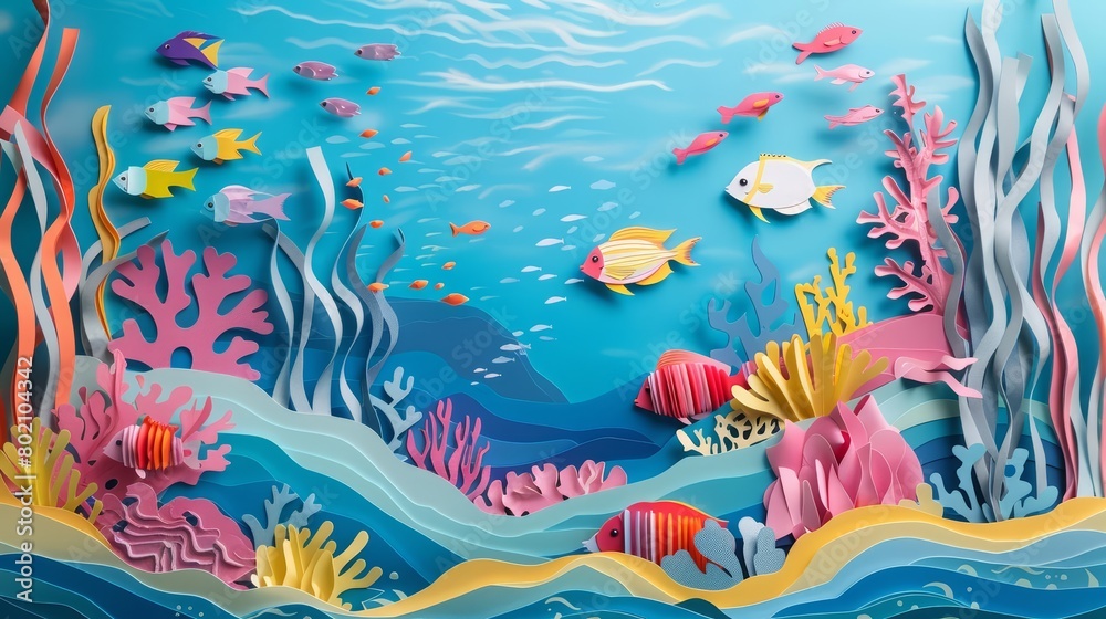 Underwater scene where colorful coral reefs teem with diverse fish, crafted entirely from vibrant paper layers, paper art style concept