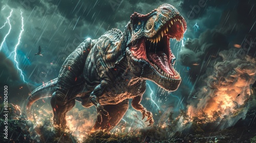 A dinosaur is standing in the middle of a forest. It is raining and there is lightning in the background. The dinosaur is roaring and looks very angry. photo
