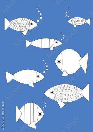 coloring fish coloring book, A4 format, fish on a blue background, coloring book for children 2-3 years old