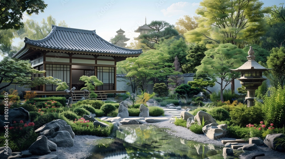 Traditional Japanese temple in a serene garden. Traditional Japanese temple in a serene garden.