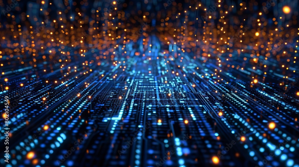 Blue circuit board with lights and striking yellow markings for enhanced visual appeal