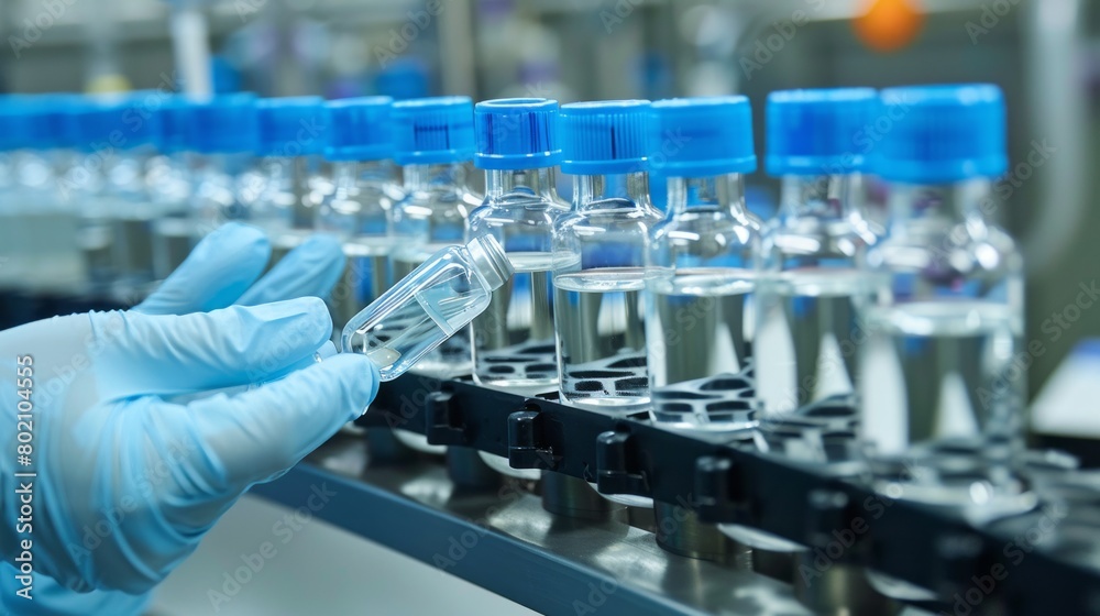 Hand with sanitary gloves check Medical vials on production line at pharmaceutical factory, Pharmaceutical machine working pharmaceutical glass bottles production line. Hand with sanitary gloves check Medical vials on production line at pharmaceutical factory, Pharmaceutical machine working pharmaceutical glass bottles production line.