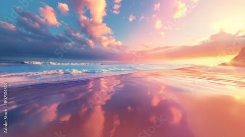 A sandy beach at sunset, with vibrant hues painting the sky.