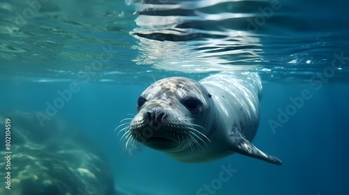 Cute seal swimming underwater in the ocean. Animals in wildlife. photo