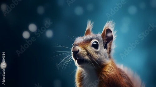 Portrait of a squirrel on a dark blue background with copy space