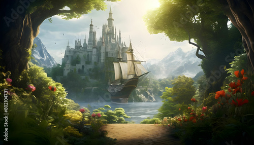 View through a beautiful enchanting fairy tale woodland onto a castle and a sailing ship, 3d render photo