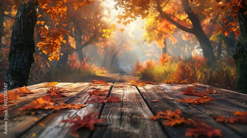 Wooden table with the vivid colors of an autumn forest creates a perfect seasonal backdrop, Sharpen 3d rendering background photo