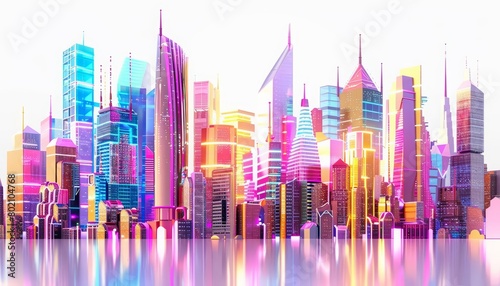 A 3D render depicts a futuristic cityscape with towering buildings designed in neon colors and hitech textures, Sharpen isolated on white background