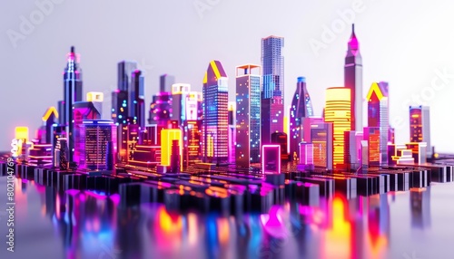 A 3D render depicts a futuristic cityscape with towering buildings designed in neon colors and hitech textures  Sharpen isolated on white background