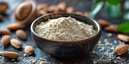 Full ground almonds wooden bowl diet gluten grain flour healthy food ingredient fresh almonds with flour nonwovens pouer photo